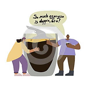 Buy and girl next to each other with a big glass of espresso. Friends talking about coffee. Conceptual illustration with photo