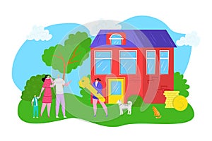 Buy house, family buying a new house vector illustration. Real estate agent giving home key chain to buyer. Buying