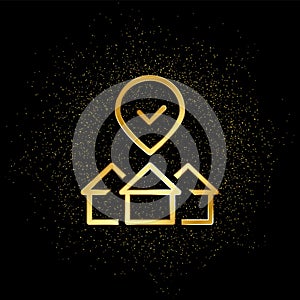 Buy, house, property, selection gold icon. Vector illustration of golden particle background. Real estate concept vector