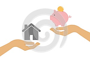 Buy house real estate price piggy bank change concept with human hands