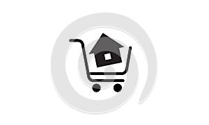 Buy house and real estate - shopping cart. Home Sale loan concept, rent, buying a property, building. Logo design Vector