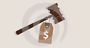 Buy justice law price tag dollar sign on hammer bribery corrupted trial judgment concept of auction