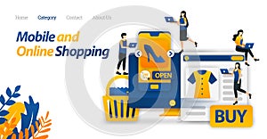 Buy Needs and Lifestyles Only with Mobile and Online Shopping or E-commerce. Vector Illustration, Flat Icon Style Suitable for Web