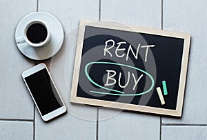 Buy not rent blackboard concept. Choosing buying over renting.