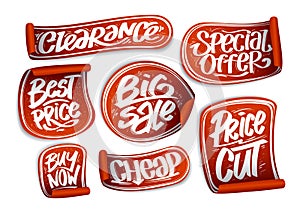 Buy now, cheap, special offer, price cut, beat price and clearance - vector stickers set mockup