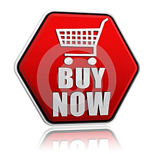 Buy now hexagon button with shopping cart sign