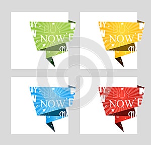 Buy now. Paper origami speech bubble isolated on white for design of advertisement label, sticker. Vector