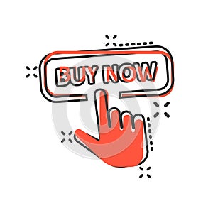 Buy now shop icon in comic style. Finger cursor vector cartoon  illustration on white isolated background. Click button business