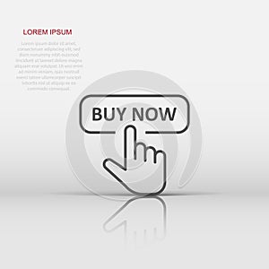 Buy now shop icon in flat style. Finger cursor vector illustration on white isolated background. Click button business concept