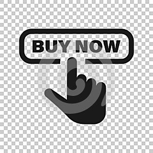 Buy now shop icon in transparent style. Finger cursor vector illustration on isolated background. Click button business concept