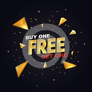 Buy one get one free on dark background vector illustration. Isolated design elements. Best offer shopping template with golden