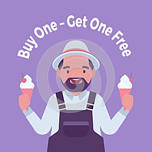 Buy one, get one free, ice cream shop sale promotion