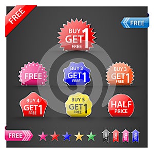 Buy one get one free, promotional sale labels set.