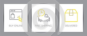 Buy online, fast shipping and delivered. Shopping online concept. Web page template. Metaphors with icons