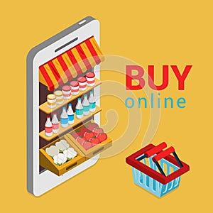 Buy online grocery shopping e-commerce flat 3d isometric vector