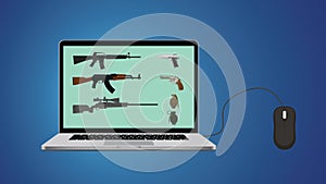 Buy online gun website illustration with riffle and notebook mouse