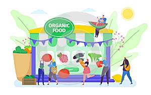 Buy online organic food vector illustration, cartoon tiny people buying vegetables or fruits farm agricultural products