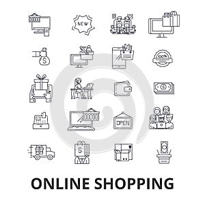 Buy online, shopping, internet store, ecommerce, cart, order, mobile retail line icons. Editable strokes. Flat design