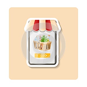 Buy online sticker illustration. Screen, basket, products, plant. Editable vector graphic design.