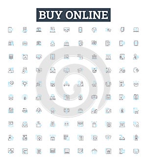 Buy online vector line icons set. Purchase, Order, Obtain, Shop, Buy, Procure, Acquire illustration outline concept