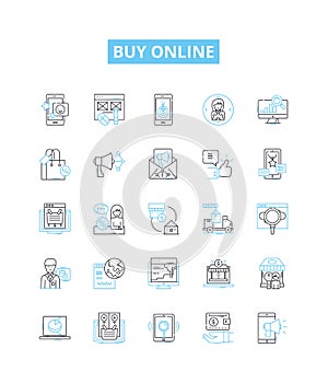 Buy online vector line icons set. Purchase, Order, Obtain, Shop, Buy, Procure, Acquire illustration outline concept