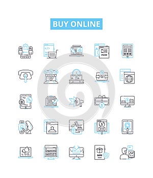 Buy online vector line icons set. Purchase, Order, Obtain, Shop, Buy, Procure, Acquire illustration outline concept