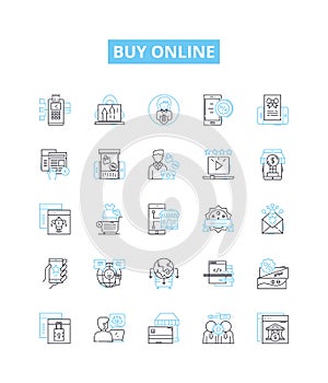 Buy online vector line icons set. Purchase, Order, Obtain, Shop, Buy, Procure, Acquire illustration outline concept