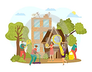Buy real estate, search home apartment property design vector illustration. House purchase for people character concept.