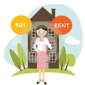 Buy or rent house home apartment woman decide vector illustration buying renting