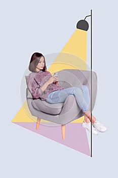 Buy rent new house credit concept. Collage sketch of lady millennial comfy relax flat using smart device isolated