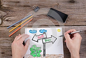 Buy - Sell signpost drawn on white paper