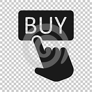 Buy shop icon in flat style. Finger cursor vector illustration on isolated background. Click button business concept