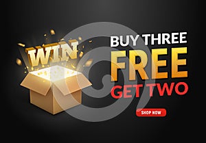 Buy three get two free sale offer design. Vector promo buy 3 get 2 free banner promotion