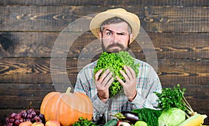 Buy vegetables local farm. Homegrown harvest concept. Typical farmer guy. Farm market harvest festival. Man mature