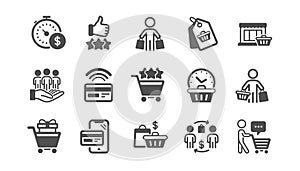 Buyer customer icons set. Contactless payment, shopping cart and group of people. Vector