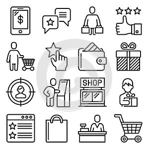 Buyer, Customer and Promotion Icons Set. Line Style Vector