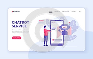 Buyer selects product using web bot application concept. Landing page website banner template