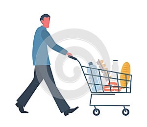 Buyer with shopping cart full of food and drinks