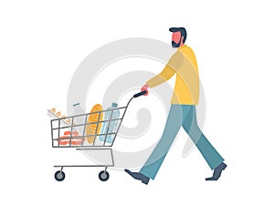 Buyer with shopping cart full of food and drinks