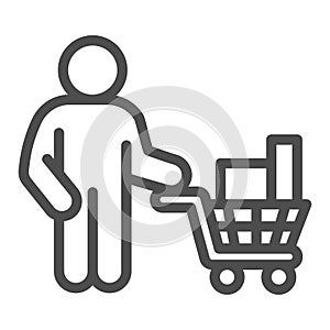 Buyer with trolley of goods line icon, market concept, man holding shopping cart with purchases sign on white background