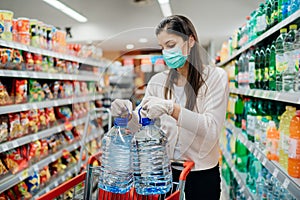 Buyer wearing a protective mask.Shopping during the pandemic.Emergency to buy list.Water supplies shortage.Panic buying during