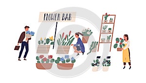 Buyers and florist at outdoor flower bar, fair or market vector flat illustration. People selling, buying and carrying