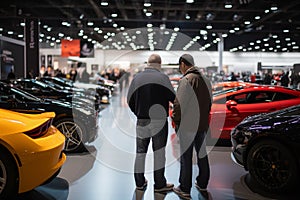 Buyers inspecting various cars on the showroom floor, comparing features. Generative AI