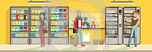 Buyers making purchase in supermarket, store shelves with drinks, supermarket interior design horizontal vector