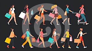 Buyers running from store, mall or market with bags on black background. Modern flat set of happy people with shopping