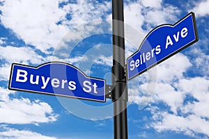 Buyers Street and Sellers Avenue Street Signs. 3d Rendering