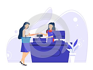 Buyers transact with store employees. payment at the cashier to be paid. Flat Vector Illustration photo