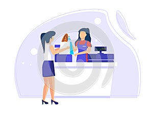 Buyers transact with store employees. payment at the cashier to be paid. Flat Vector Illustration photo