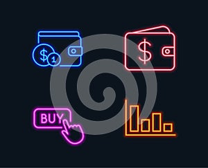 Buying accessory, Buy button and Dollar wallet icons. Histogram sign.