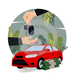 Buying a car, buyer and dealer seller hand with key vector illustration